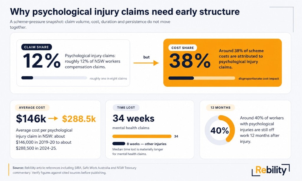 Scheme pressure infographic: psychological injury claims at about twelve percent of NSW claims but about thirty-eight percent of costs; average cost per claim; longer median time lost than other injuries; and a large share still off work at twelve months.