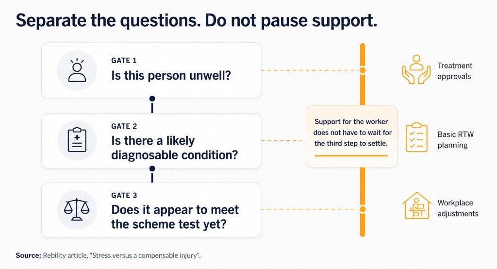 Flowchart titled Separate the questions. Do not pause support: three gates from wellbeing to scheme test, with treatment approvals, basic return-to-work planning and workplace adjustments running in parallel.