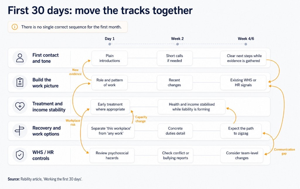 Parallel-track map for the first thirty days: first contact, workplace information, treatment and income, recovery and work options, and WHS or HR controls across day one through week four to six, with feedback links between tracks.